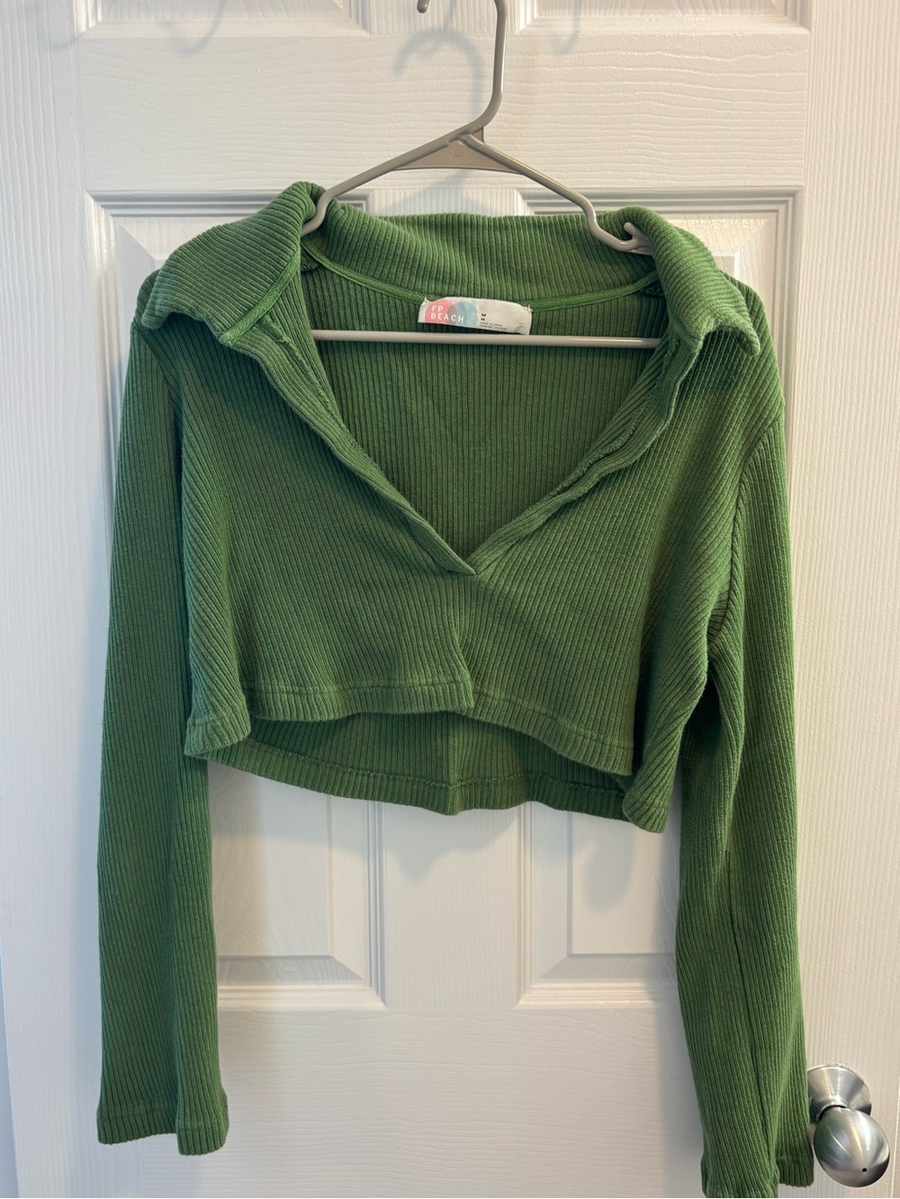 Free People Beach Green Ribbed Long Sleeve Crop